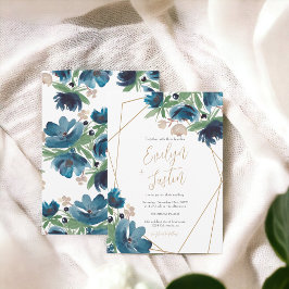 Elegant dusty blue gold Floral Watercolor Wedding Einladung