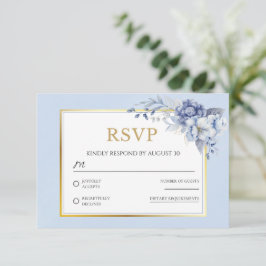 Elegant Dusty Blue Gold Floral Wedding RSVP Card Karte
