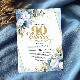 Elegant dusty blue gold frame 90th birthday invite einladung