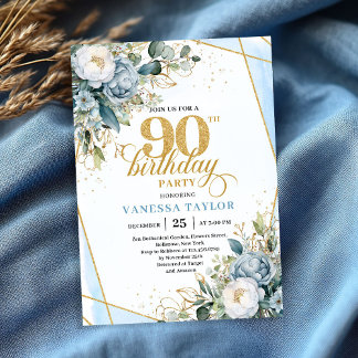 Elegant dusty blue gold frame floral 90th birthday einladung