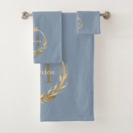 Elegant Dusty Blue Gold Monogram Eucalyptus Wreath Badhandtuch Set