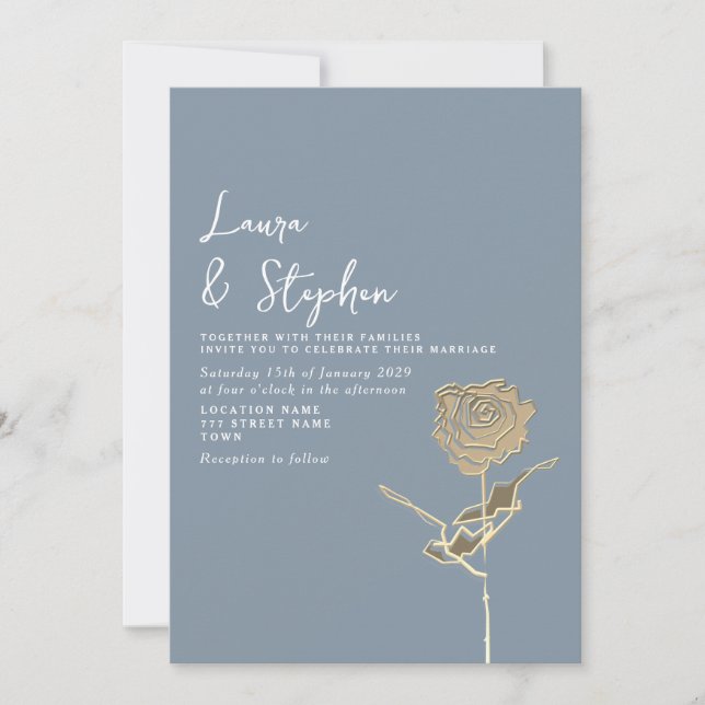 Elegant Dusty Blue Gold Rose Einladung Hochzeit (Vorderseite)
