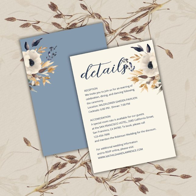 Elegant Dusty Blue Gold Winter Floral Wedding Begleitkarte (Elegant Dusty Blue Gold Winter Floral Wedding Enclosure Card)