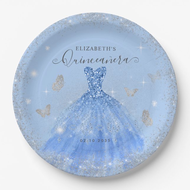 Elegant Dusty Blue Gray Glitzer Gown Quinceañera Pappteller (Vorderseite)