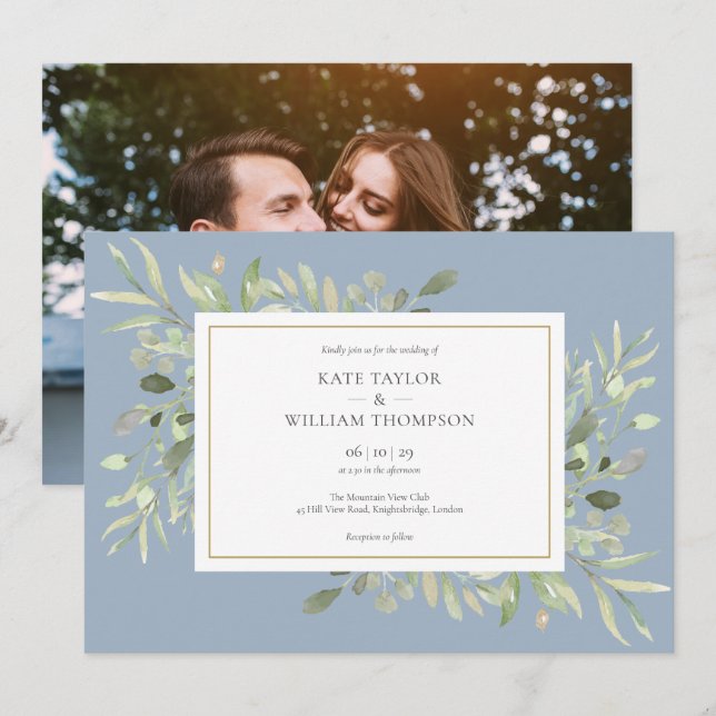Elegant Dusty Blue Greenerity Foto Wedding Einladung (Vorne/Hinten)
