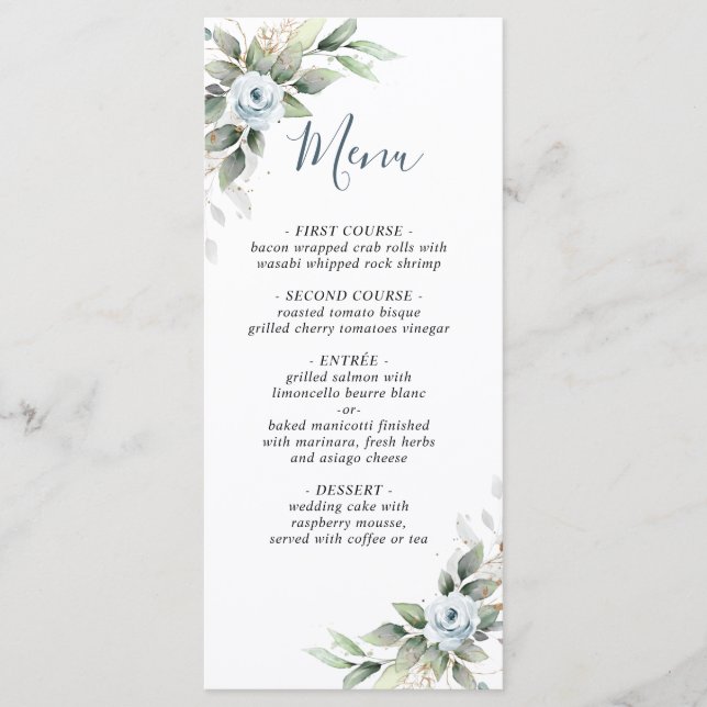 Elegant Dusty Blue Greenerity Wedding Menu Card Menükarte (Vorderseite)