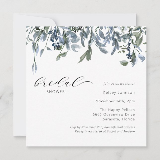 Elegant Dusty Blue Greenery Brautparty Einladung (Vorderseite)