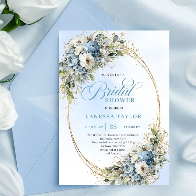 Elegant Dusty Blue Greenery Gold Bridal Shower  Einladung (Elegant Dusty Blue Greenery Gold Bridal Shower Invite)