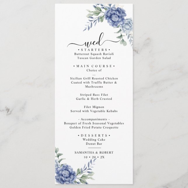 Elegant Dusty Blue Greenery Hochzeitsmaterial Menükarte (Vorderseite)