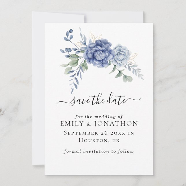 Elegant Dusty Blue Greenery Hochzeitsmaterial Save The Date (Vorderseite)