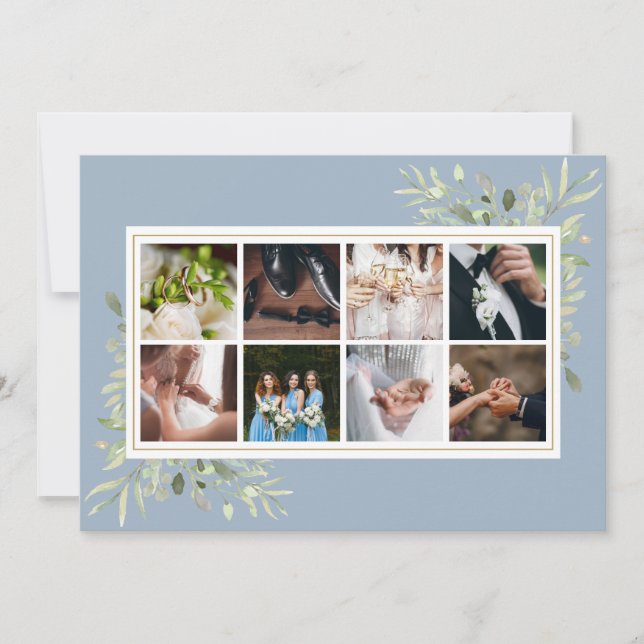 Elegant Dusty Blue Greenery Photo Collage Wedding Dankeskarte (Vorderseite)