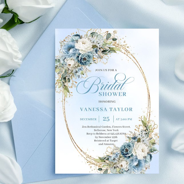 Elegant Dusty Blue Greenery Script Bridal Shower  Einladung (Elegant Dusty Blue Greenery Script Bridal Shower Invite)
