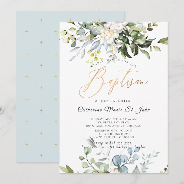 Elegant Dusty Blue Gum Eucalyptus Imitats Gold Einladung (Vorne/Hinten)