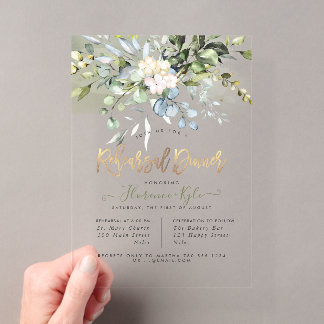 Elegant Dusty Blue Gum Eucalyptus Rehearsal Dinner Acryleinladungen