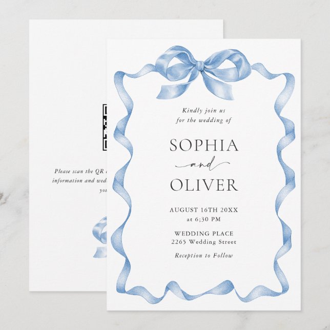 Elegant Dusty Blue Hand Drawn Bow Wedding Einladung (Vorne/Hinten)