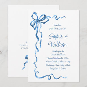 Elegant Dusty Blue Hand Drawn Bow Wedding Einladung