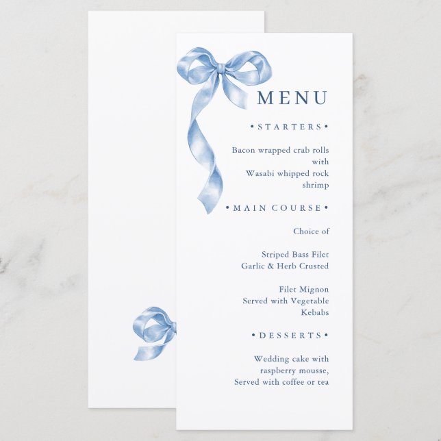 Elegant Dusty Blue Hand Drawn Bow Wedding Menükarte (Vorne/Hinten)