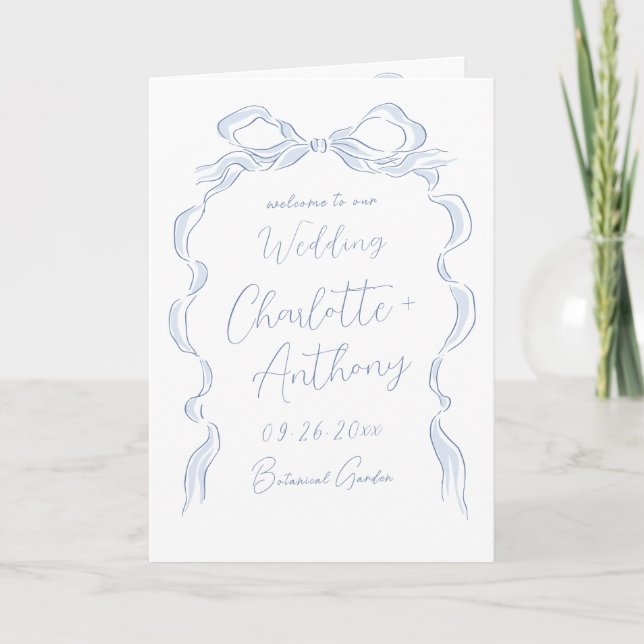 Elegant Dusty Blue Hand Drawn Bow Wedding Programm (Vorderseite)