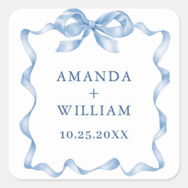 Elegant Dusty Blue Hand Drawn Bow Wedding Quadratischer Aufkleber