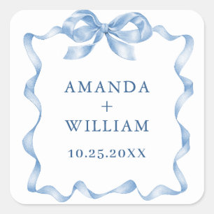 Elegant Dusty Blue Hand Drawn Bow Wedding Quadratischer Aufkleber