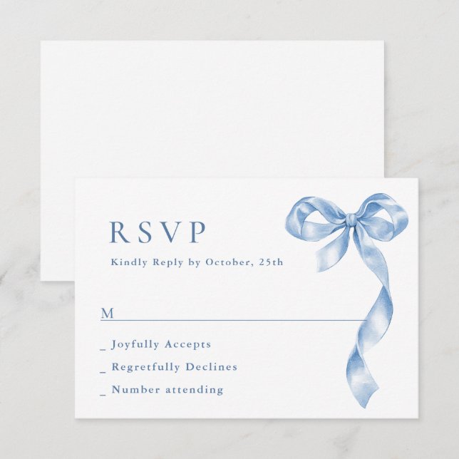 Elegant Dusty Blue Hand Drawn Bow Wedding RSVP Karte (Vorne/Hinten)