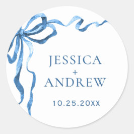 Elegant Dusty Blue Hand Drawn Bow Wedding Runder Aufkleber