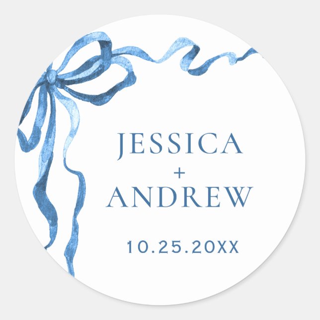 Elegant Dusty Blue Hand Drawn Bow Wedding Runder Aufkleber (Vorderseite)
