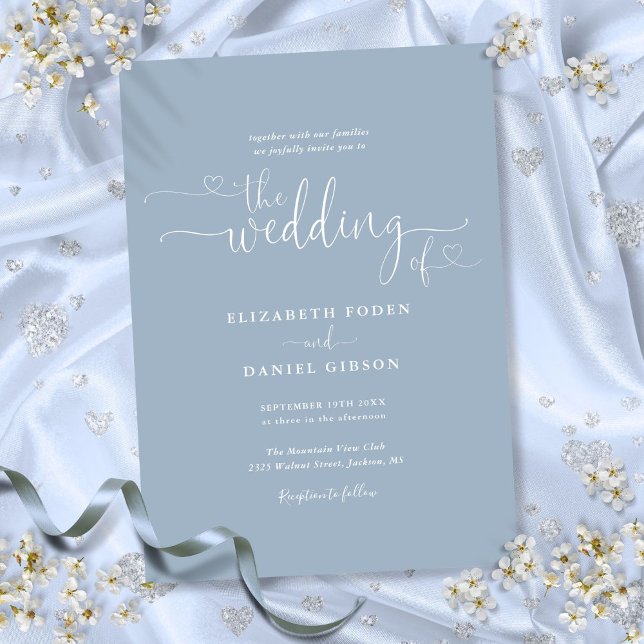 Elegant Dusty Blue Hearts Calligraphy Wedding Einladung (Elegant Dusty Blue Hearts Calligraphy Wedding Invitation)