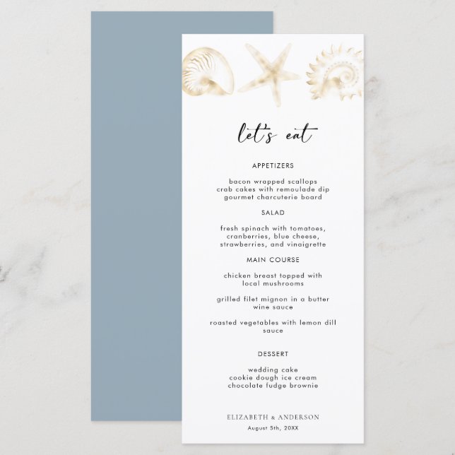 Elegant Dusty Blue Hochzeit in Urlaubsort Menükarte (Vorne/Hinten)