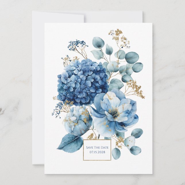 Elegant Dusty Blue Hydrangea Gold Glitter Einladung (Vorderseite)