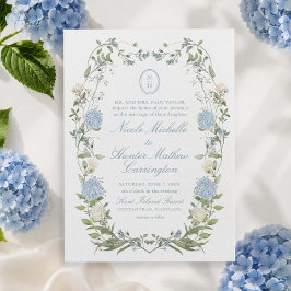 Elegant Dusty Blue Hydrangea Monogram Einladung