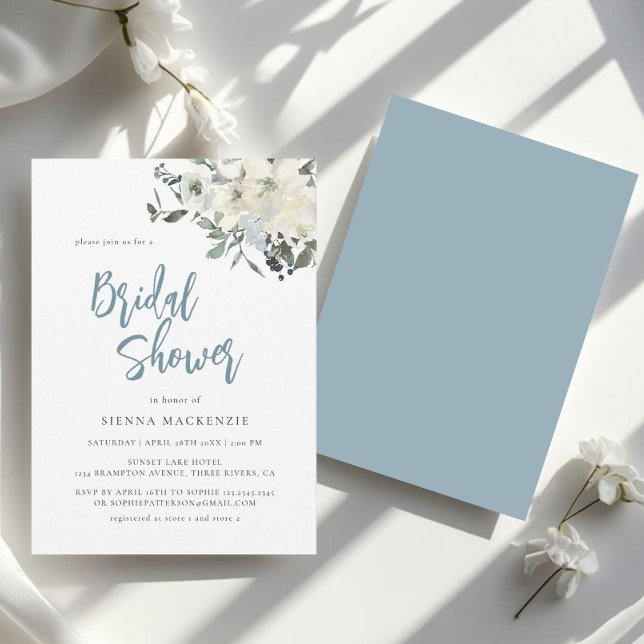 Elegant Dusty Blue Ivory Floral Bridal Shower Einladung (Von Creator hochgeladen)
