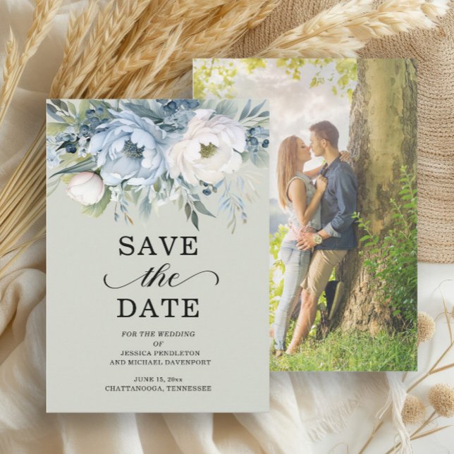 Elegant Dusty Blue Ivory Floral Sage Green Foto Save The Date (Dusty blue and white floral on sage green wedding Save the Date photo card)