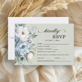 Elegant Dusty Blue Ivory Floral Sage Green RSVP Karte