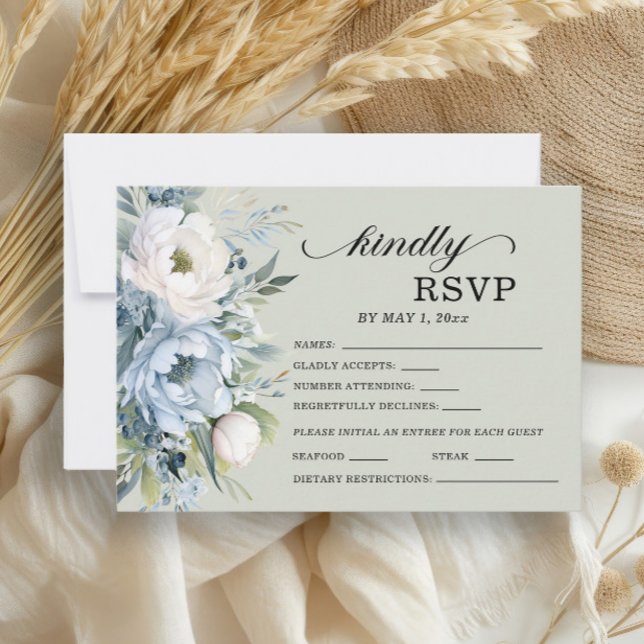 Elegant Dusty Blue Ivory Floral Sage Green RSVP Karte (Dusty blue and white watercolor floral on sage green wedding RSVP card.)