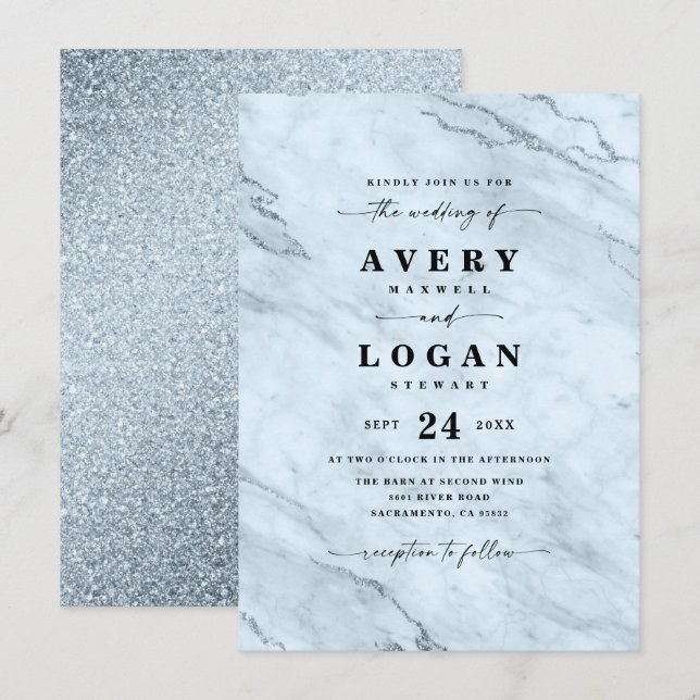 Elegant Dusty Blue Marble & Glitzer Wedding Einladung (Vorne/Hinten)