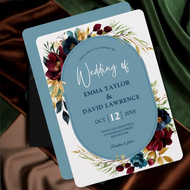 Elegant dusty blue marine borundy Blumenhochzeit Einladung (Von Creator hochgeladen)