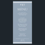 Elegant Dusty Blue Minimal Monogram Dinner Wedding Menükarte<br><div class="desc">A navy blue and white elegant minimalist chic light blue  wedding dinner menu. Which features chic template design of dusty blue background and white typography . And monogram or initials at the top  and white stripes at the bottom and top.</div>