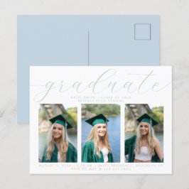 Elegant Dusty Blue Minimalistisch Abschluss 3 Foto Einladungspostkarte