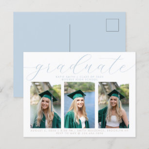 Elegant Dusty Blue Minimalistisch Abschluss 3 Foto Einladungspostkarte