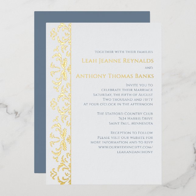 Elegant Dusty Blue Minimalistisch Classic Filigree Folieneinladung (Vorderseite/Rückseite)
