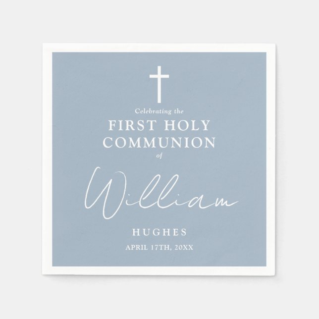 Elegant Dusty Blue Minimalistisch First Holy Commu Serviette (Vorderseite)