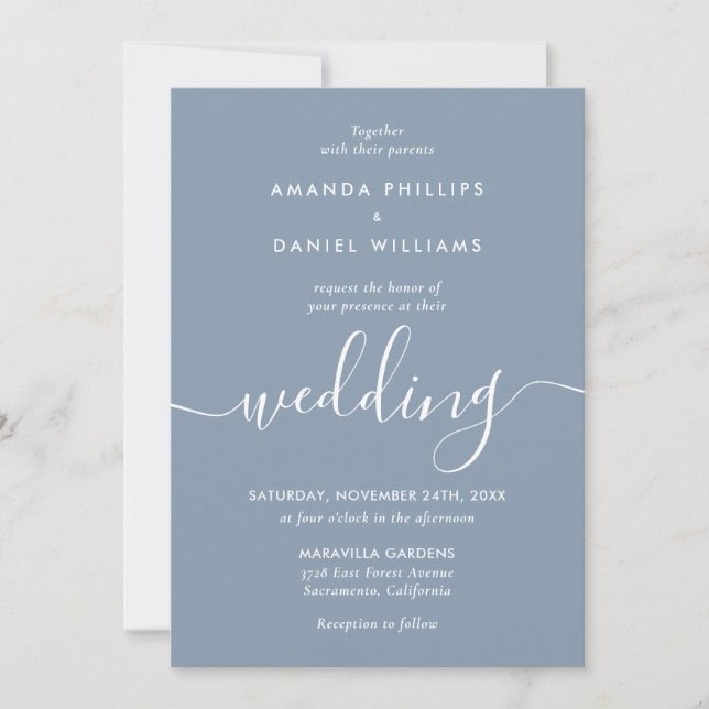 Elegant Dusty Blue Modern Script Wedding Einladung (Vorderseite)