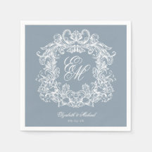 Elegant Dusty Blue Monogram Crest Script Wedding