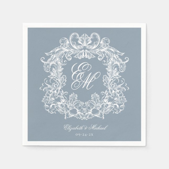 Elegant Dusty Blue Monogram Crest Script Wedding Serviette (Vorderseite)