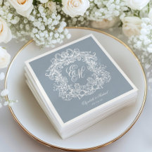 Elegant Dusty Blue Monogram Crest Script Wedding