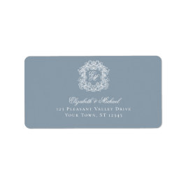 Elegant Dusty Blue Monogram Crest Wedding Address Adressaufkleber