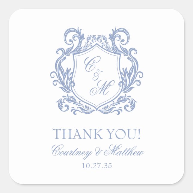 Elegant Dusty Blue Monogram Wappen Vielen Dank Quadratischer Aufkleber (Vorderseite)