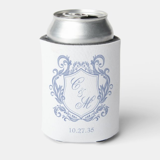 Elegant Dusty Blue Monogram Wappen Wedding Dosenkühler (Kanne Rückseite)