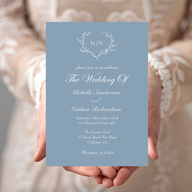 Elegant Dusty Blue Monogram Wedding Einladung (Von Creator hochgeladen)
